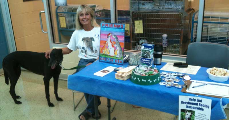 Susanna of Missouri hosts a table with her greyhound Sky.