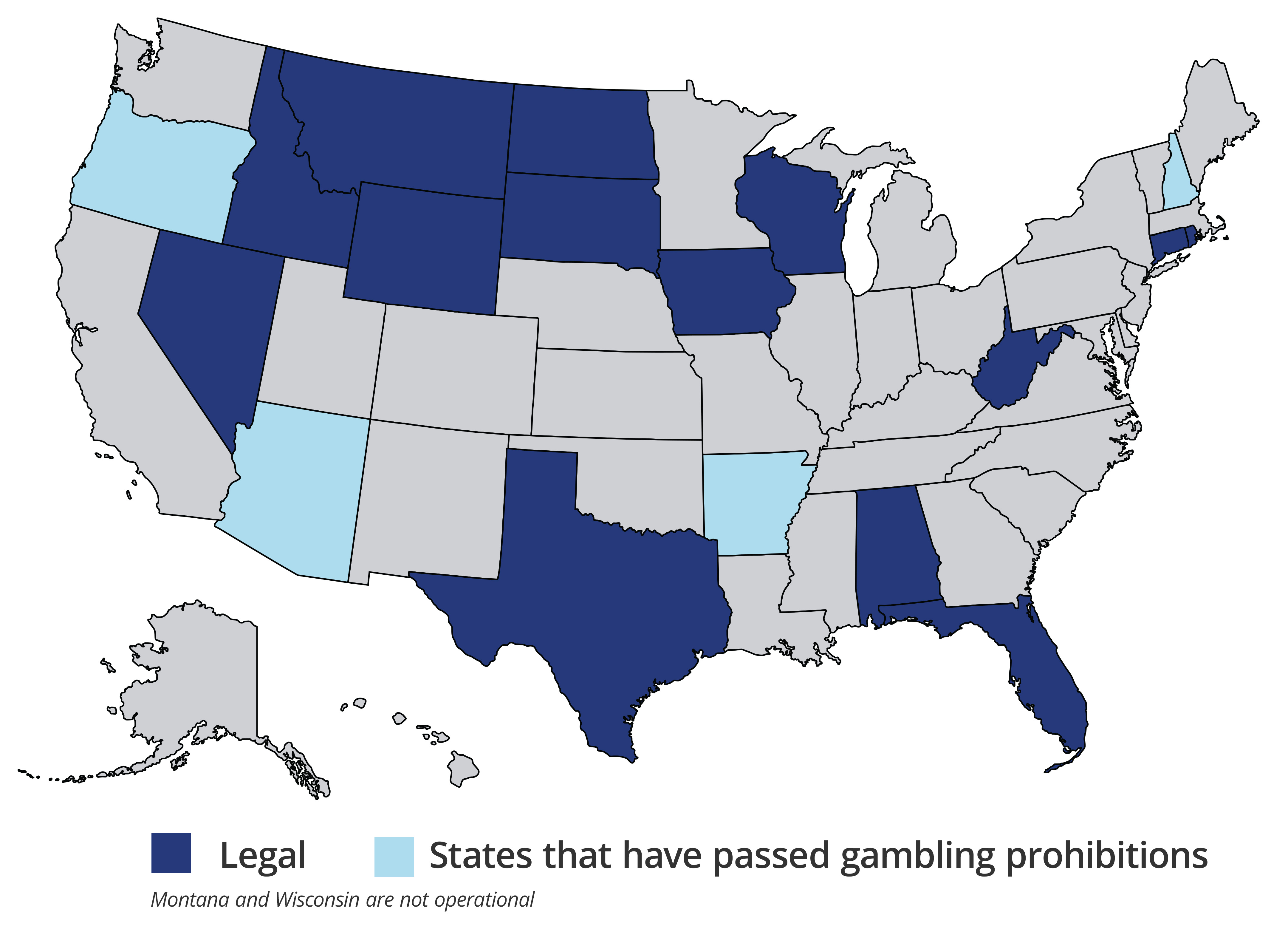 Map of the United States that shows where greyhound gambling is legal and which states have passed prohibitions